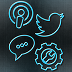Icons for poscast, Twitter, commentary and apps.