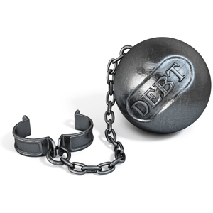 Shackles with ball and chain that say debt