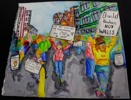 Painting of a protest march.