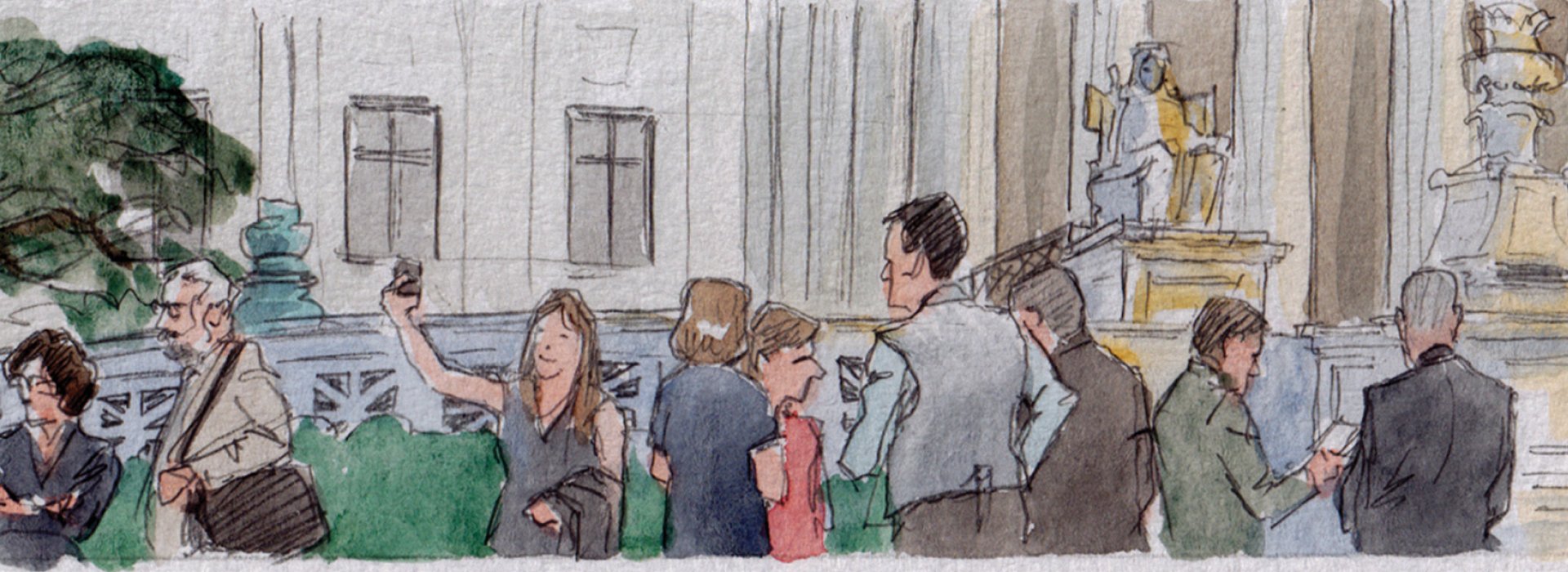 Drawing of people milling around outside the Supreme Court building