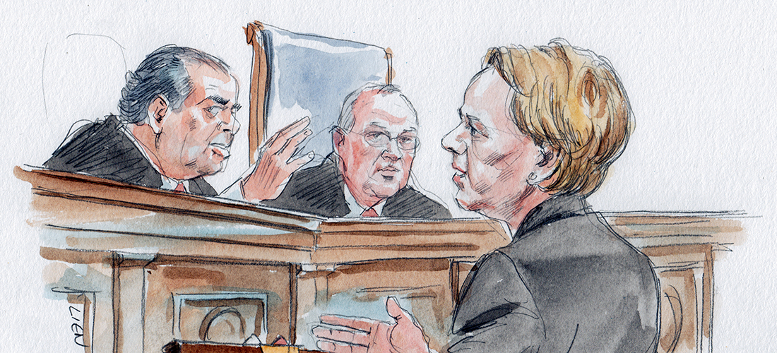 Drawing of Roberta Kaplan arguing against the Defense of Marriage Act 
