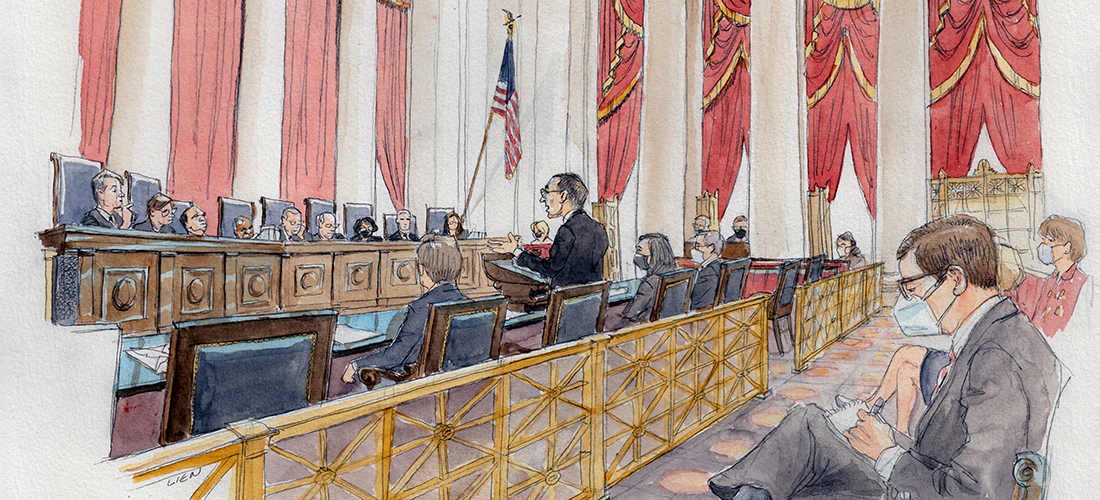 Drawing of Neal Katyal arguing before the U.S. Supreme Court