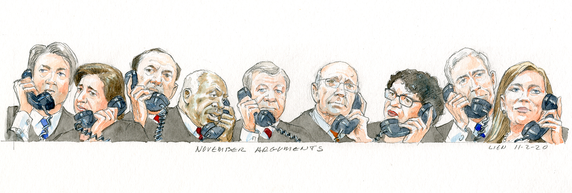 Drawing of the Supreme Court justices holding telephones labeled November Arguments