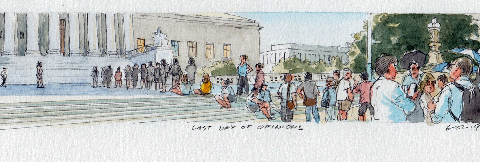 Drawing of people standing in front of the Supreme Court building