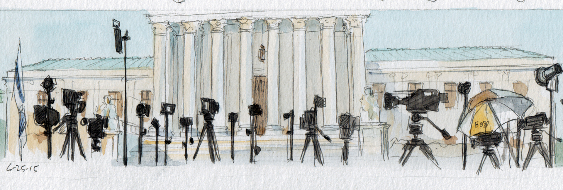 Drawing of many microphones set up outside the U.S. Supreme Court building
