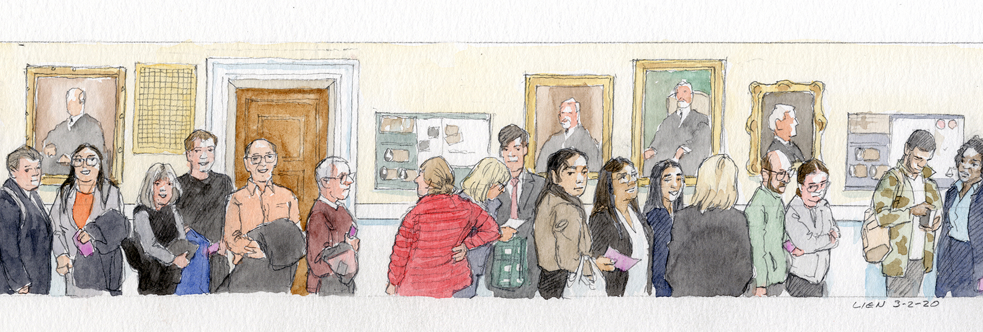Drawing of people gathered in the hallways of the Supreme Court building