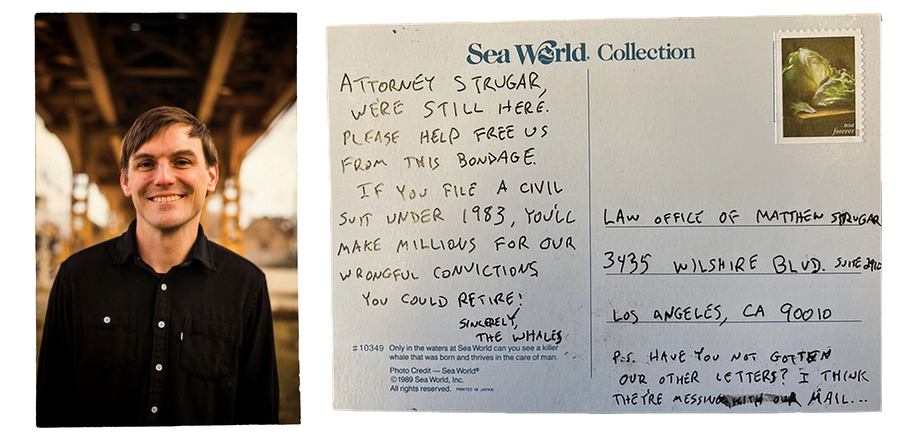 Brad Thomson and one of the postcards he wrote.