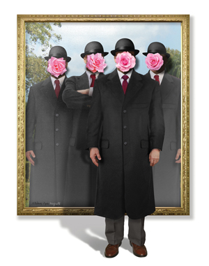 four men in hats with roses over their faces