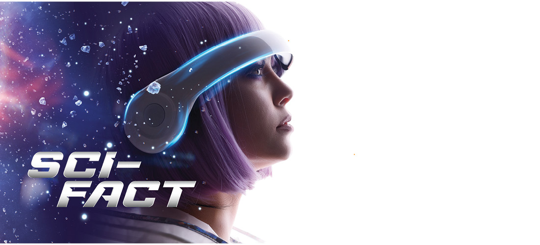 Woman in pink hair wearing a futuristic helmet with the headline Sci Fact