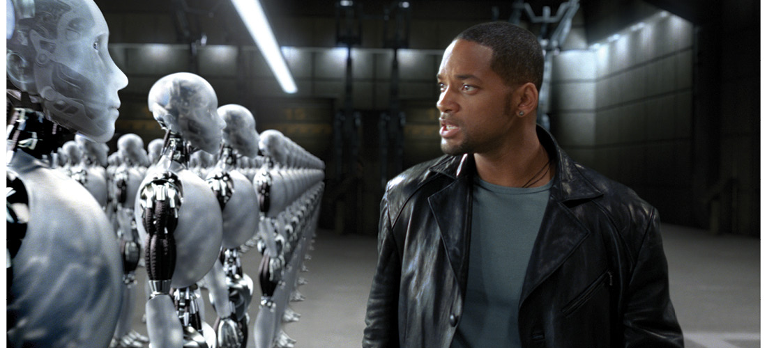 Will Smith and a row of robots