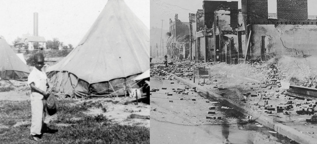A boy in a tent city and the burned ruins of the Greenwood District