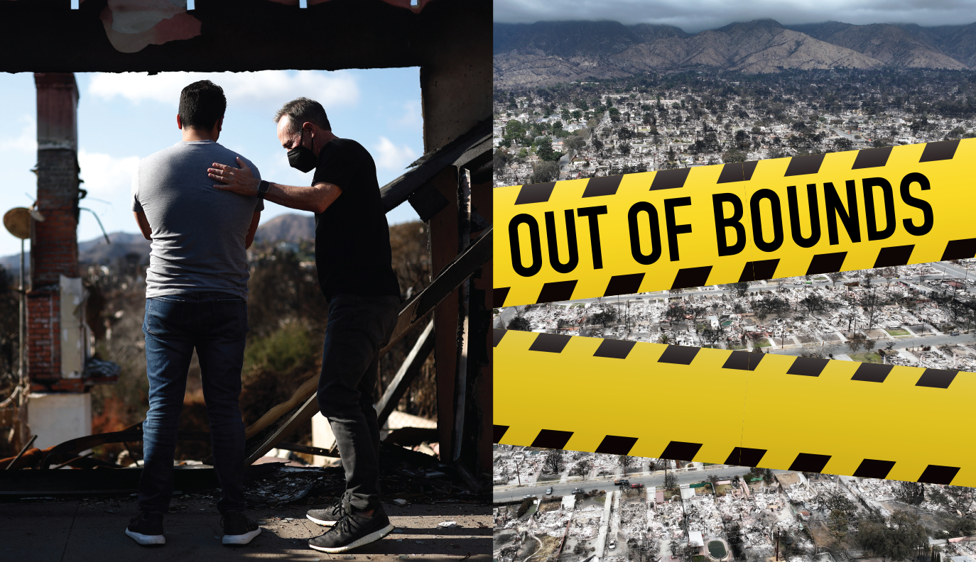 Images of fire victims and words Out of Bounds written on yellow tape