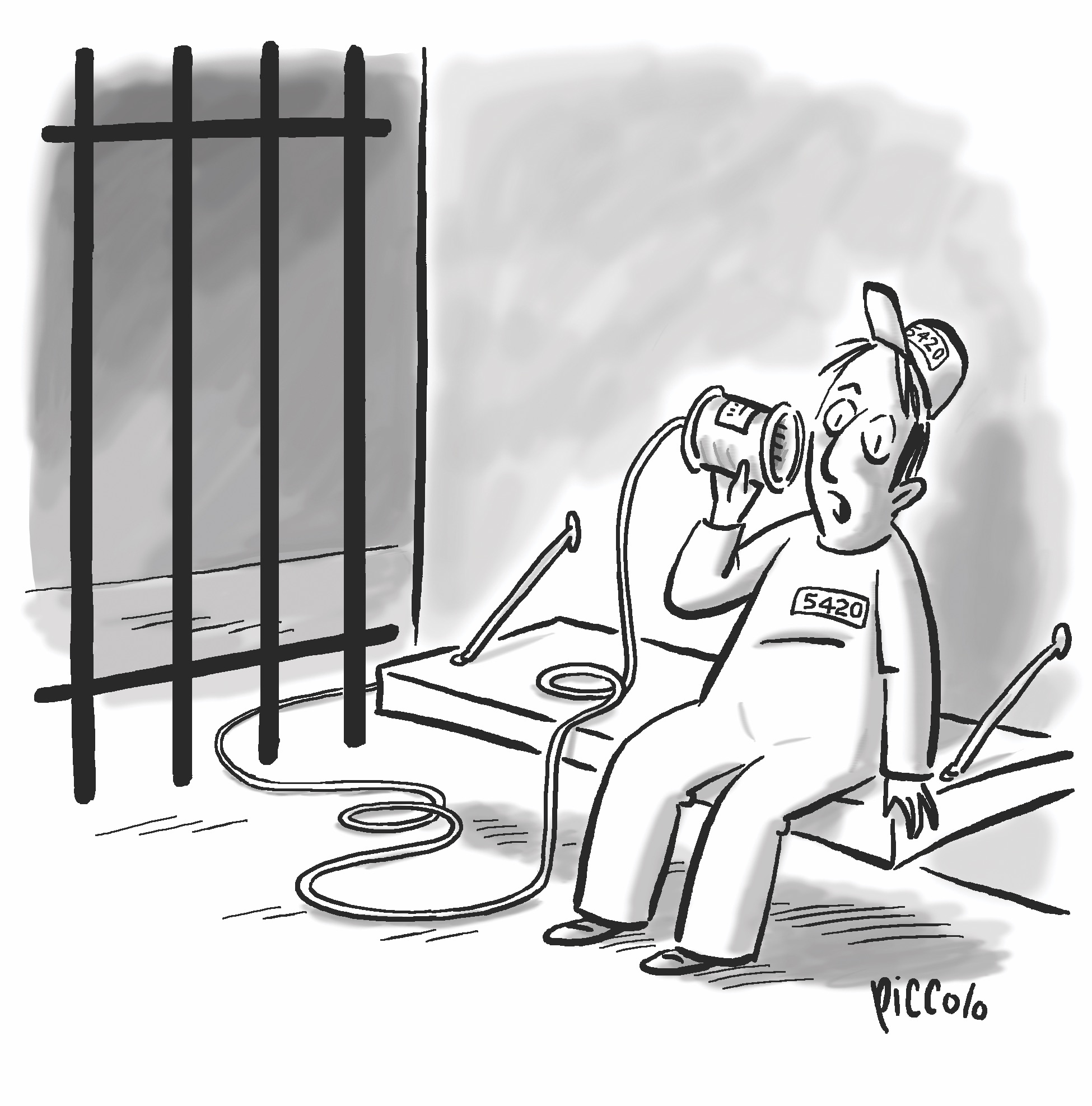 Cartoon Caption: Who's at the other end of this prisoner's tin can  conversation?