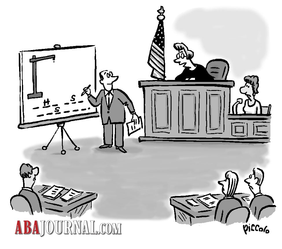 Cartoon Caption: What's your sentence for this courtroom game of hangman?