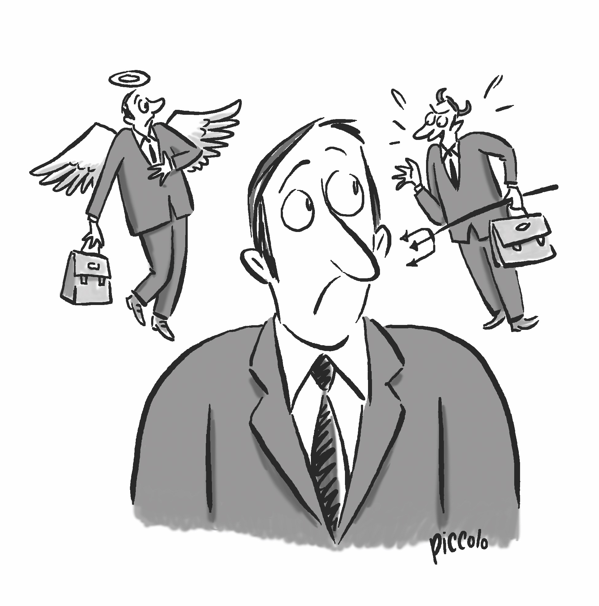 Cartoon Caption: Good vs. evil—what choice will this lawyer make?