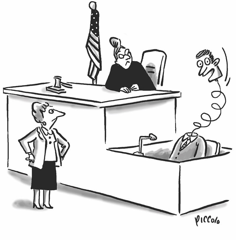 Cartoon Caption: What's got this lawyer's witness all in a twist?