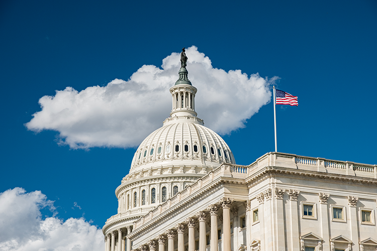 U.S. Capitol Building on a sunny day with the American flag flying