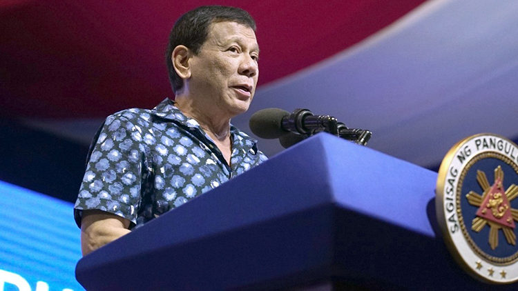 Philippines President Rodrigo Duterte at podium