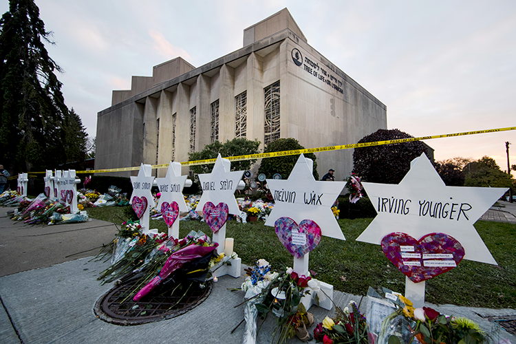 Tree of Life Synagogue with memorials to the dead