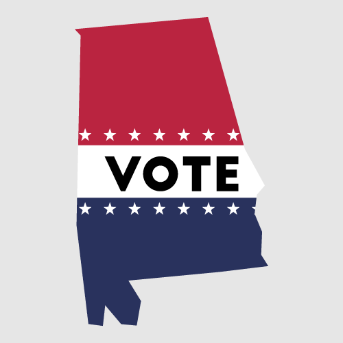 Outline of Alabama superimposed with a Vote graphic similar to the stickers election workers give out