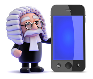 Cartoon judge with smartphone