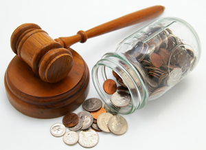 gavel and jar of coins