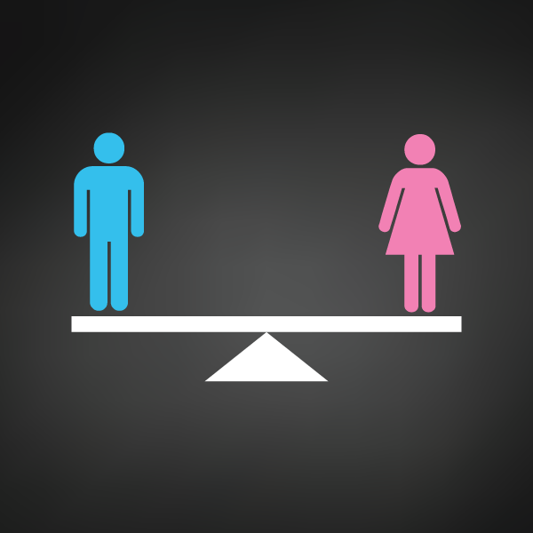 Man and woman weighted equally on a scale