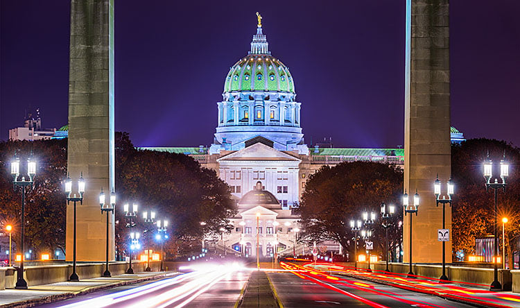 Pennsylvania capitol building at night.