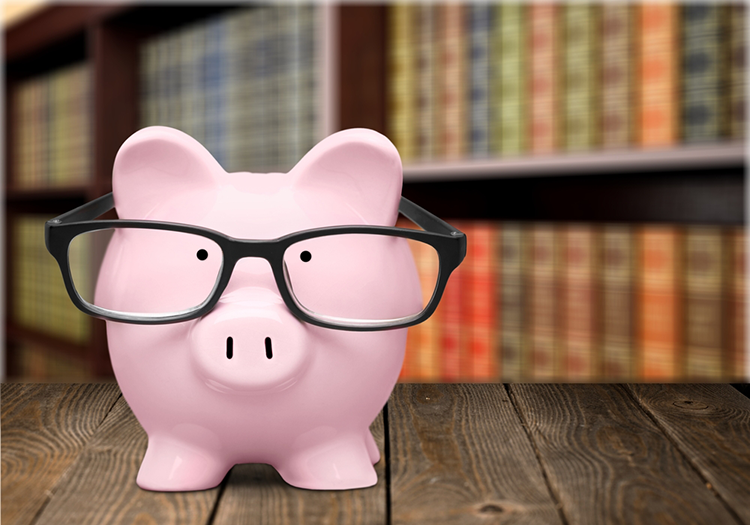 Piggy bank with glasses on in a library