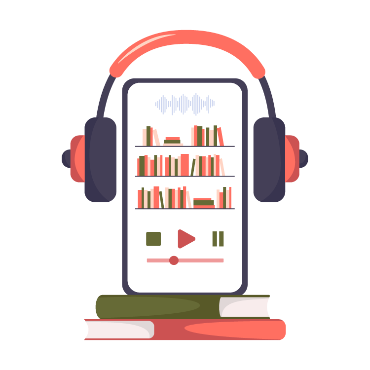 Illustration of a smartphone with headphones and a library