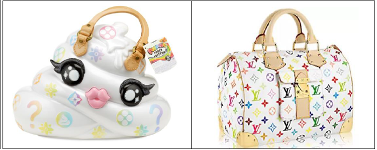 side-by-side comparisons of the toy handbag and a genuine louis vuitton handbag.