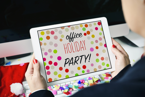 office holiday party words on tablet